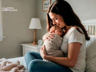 Madre abrazando con ternura a su bebé recién nacido mientras descansa en una habitación iluminada.